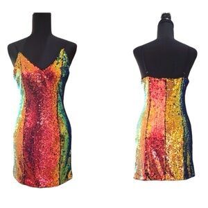 Multicolor Rainbow Sequin V-nevk Mini Dress Spaghetti Straps size S Forever 21